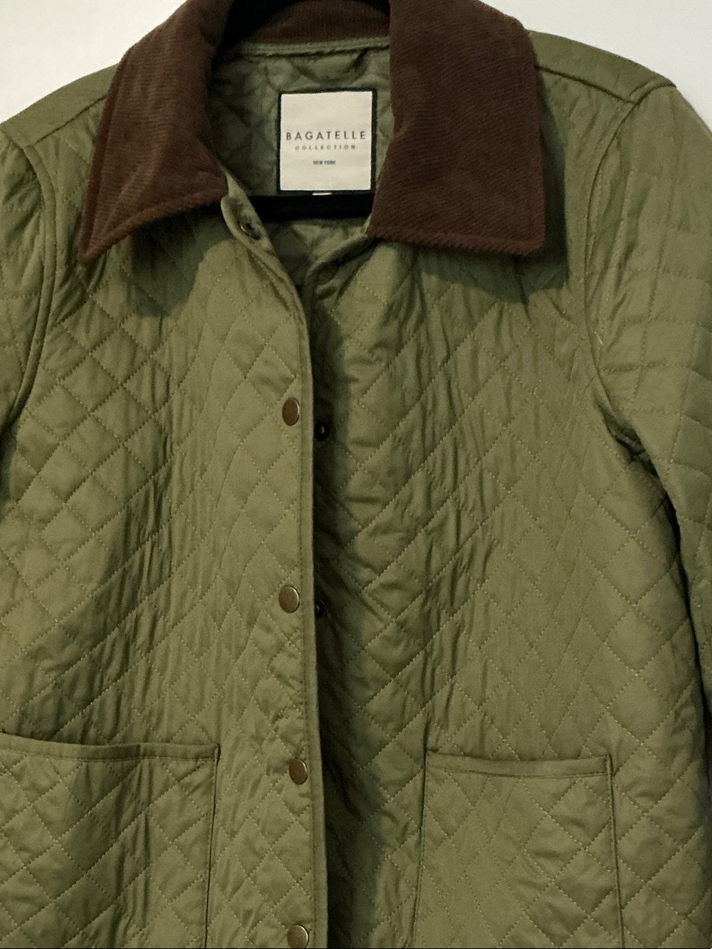 bagatelle Olive Quilted Bomber Jacket with Brown Corduroy Collar - Picture 7 of 11